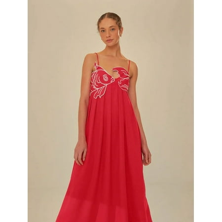 Chinese Red Fish Shaped Bra Sling Long Dress Womens Chic Sleeveless Backless Loose Pleated Dresses Elegant 2024 Lady Party Robe LS
