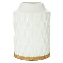 DecMode 12" Geometric White Porcelain Vase with Brown Base