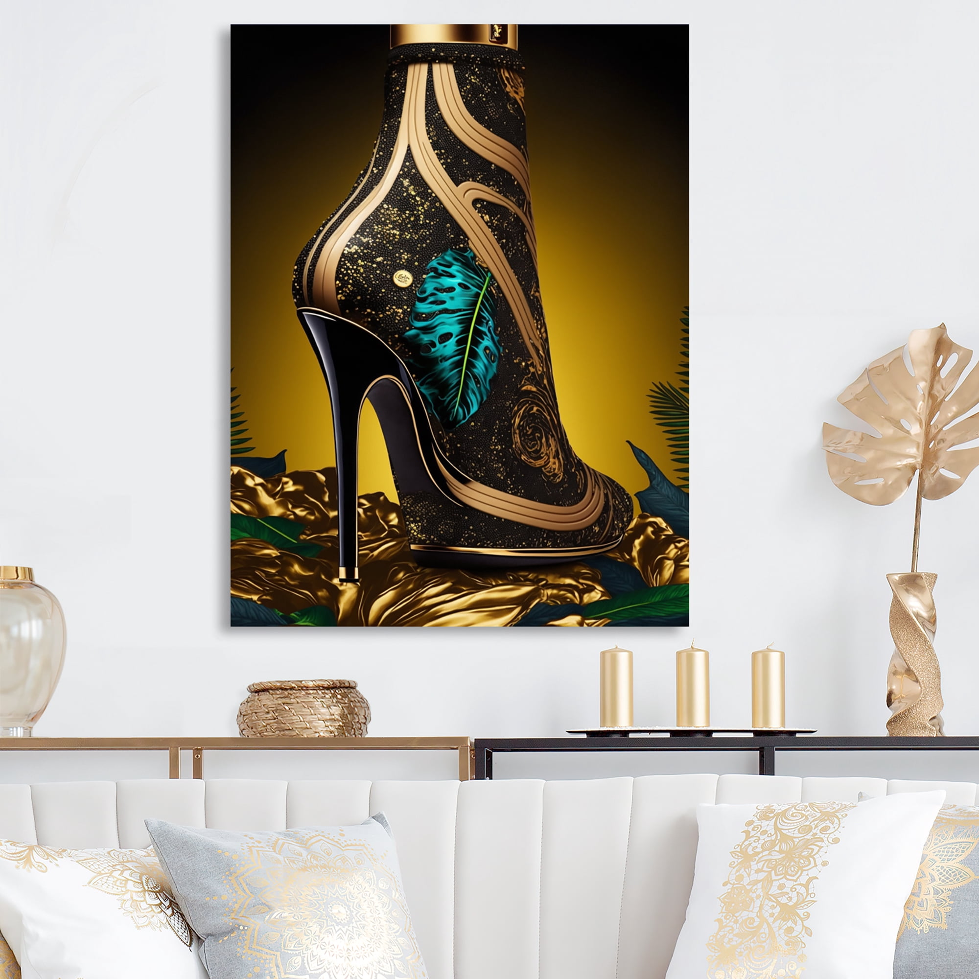 Designart Black And Gold High Heel Shoe V Canvas Wall Art