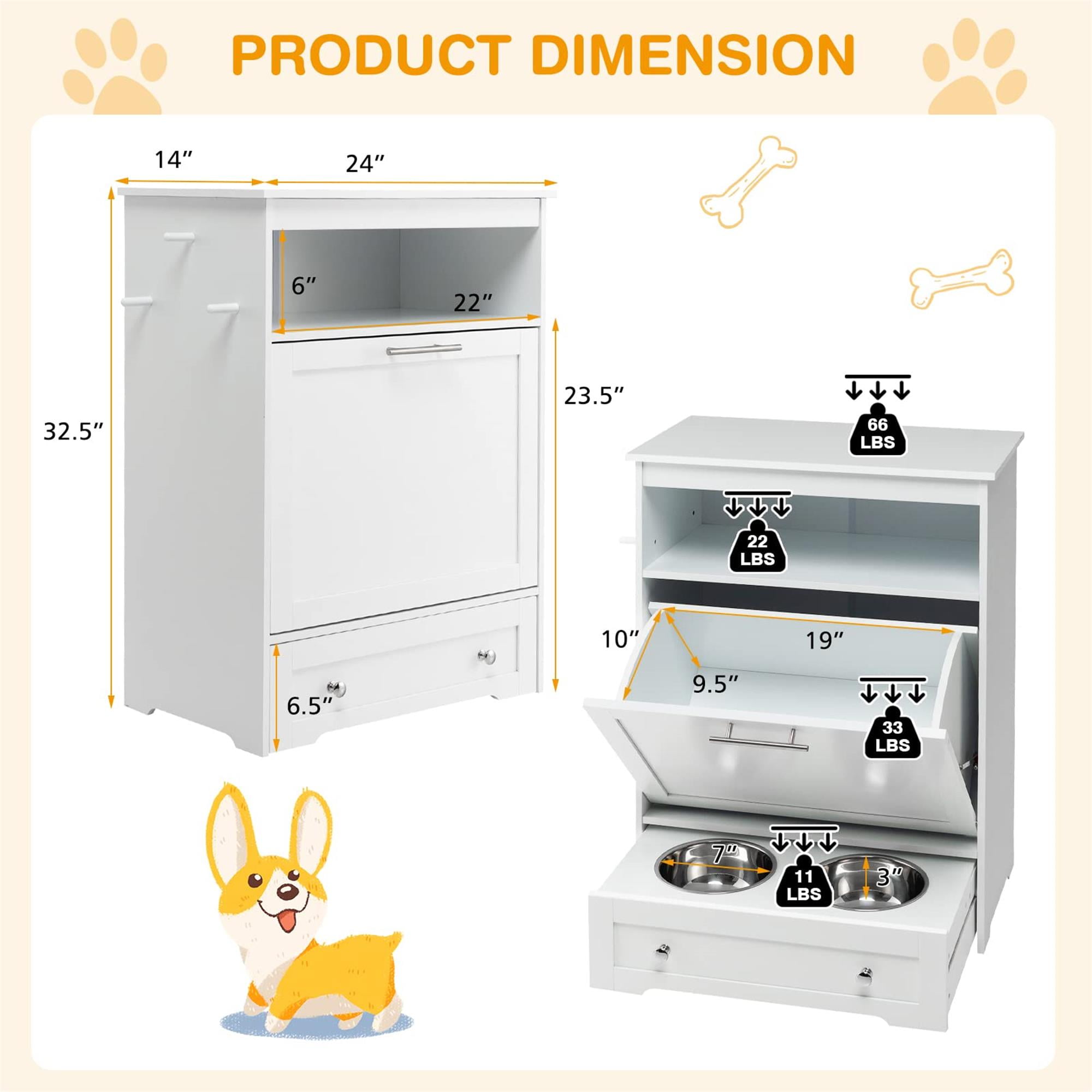 resenkos 32" Dog Feeder Station with Stainless Steel Bowl, Dog Food Storage Container, Pull Out Pet Food Cabinet, White
