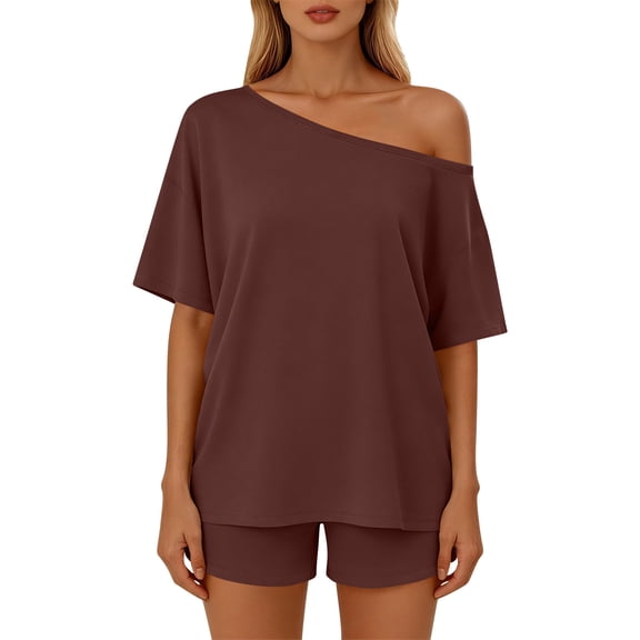 ZToonmas Women's 2 Piece Outfits Off Shoulder Oversized Top and Shorts Set Solid Color Summer Loungewear for Beach Vacation