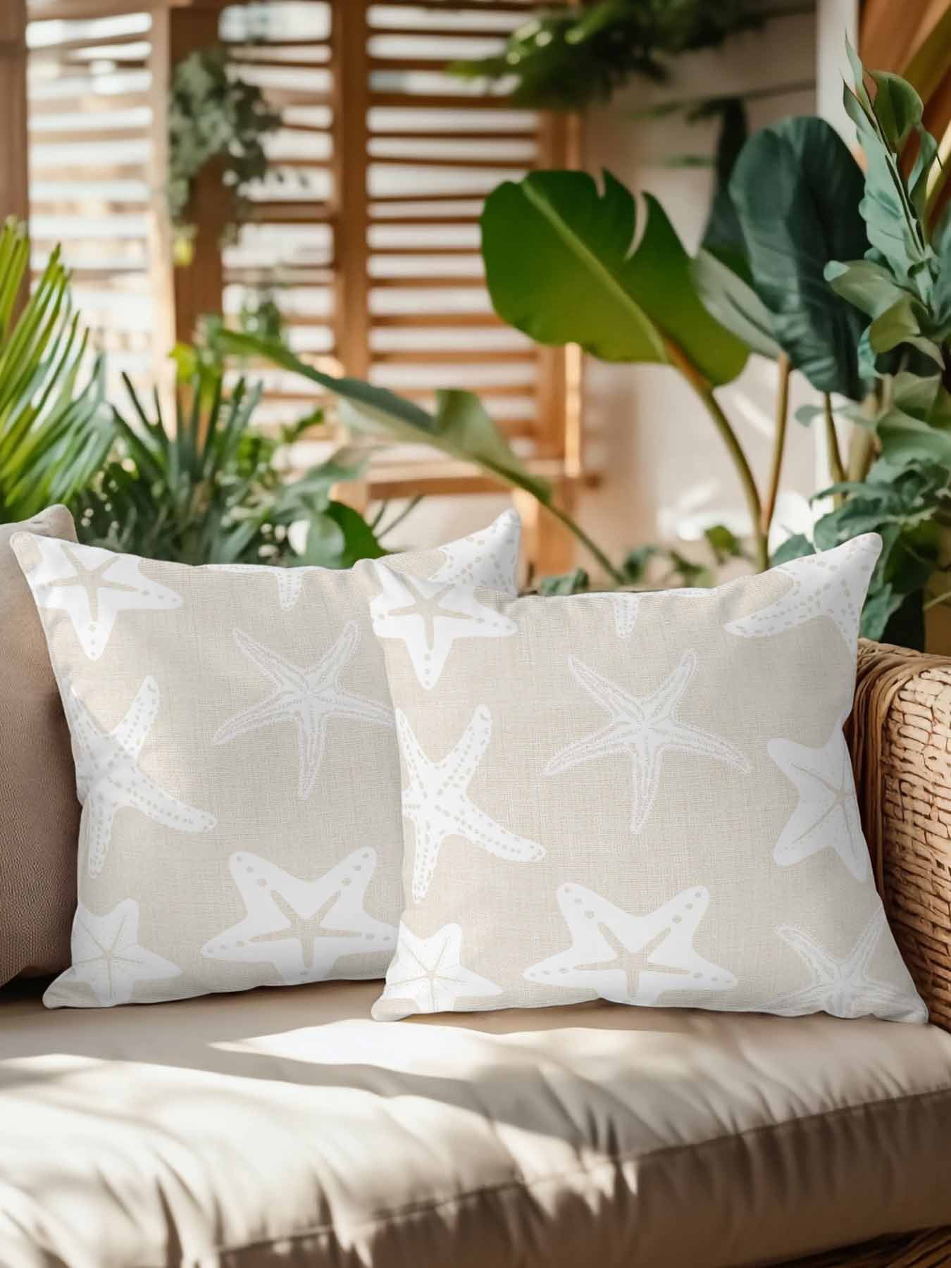 Outdoor Pillows Waterproof, Beige White Starfish Coastal Bedding Throw Pillows with Insert for Couch Sofa Bed, Nautical Summer Ocean Abstract Art 16x16 Inch Pillowcases Patio Pillow Set of 2