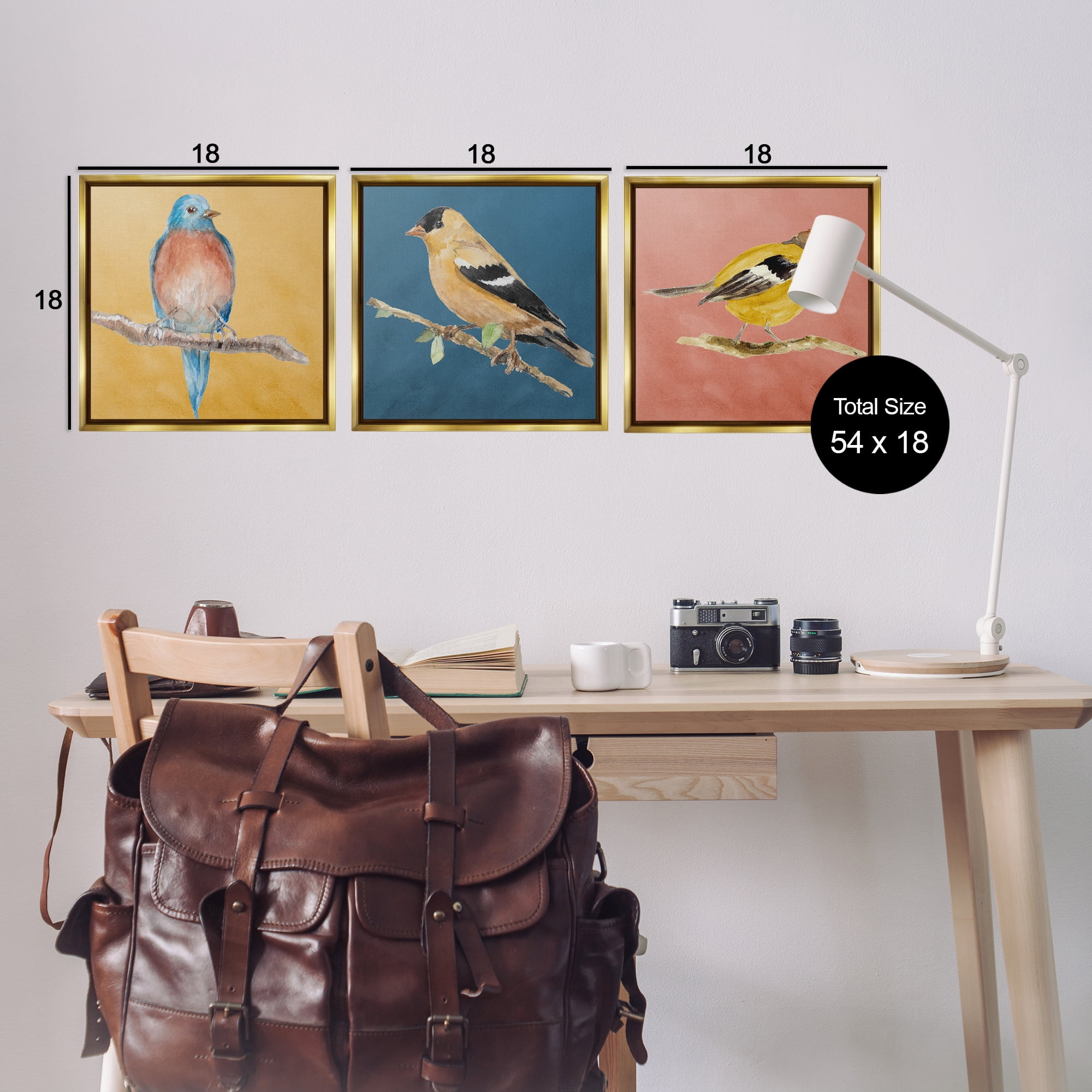 Stupell Industries Brilliant Birds on Branches Animals Painting Gold Floater Framed Canvas Art Print Wall Art, 18 x 18, Set of 3