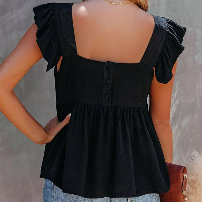 Munlar Black Peplum Tops for Women Trendy Square Neck Ruffle