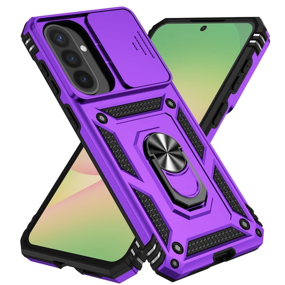 Decase for Samsung Galaxy A57 Rugged Case with Slide Lens Cover,Shockproof Cover with Roating Ring Holder Protective Case for Samsung A57,Purple