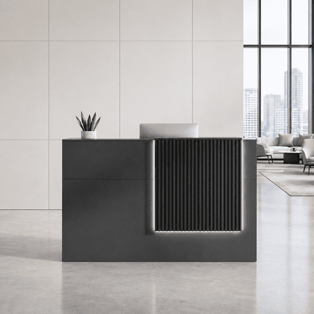 63" Modern Reception Desk with Wooden Grille Front Design, Built-in Power Outlets and Lockable Drawers for Salon, Office, Lobby or Retail Store, Black