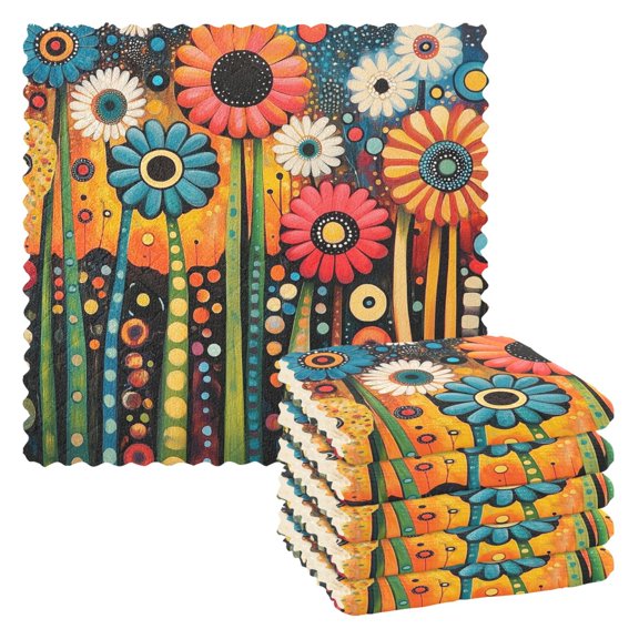 Yayeee 6 Pack Kitchen Dish Cloths for Washing Dishes Soft Absorbent Microfiber Towels, Red Colorful Flowers with Dots