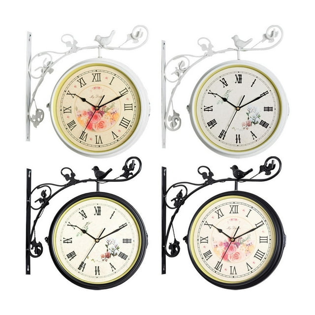 Horloge Murale Rétro en Fer Forgé Double Face Décoration de Chambre Jardin Extérieur Rotation 360 Degrés Mur Antique, Largement Utilisation