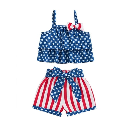 

ZAXARRA Maemukilabe Toddler Baby Girl Clothes Set Independence Day Stars Print Sleeveless Sling Tank Tops Stripe Shorts