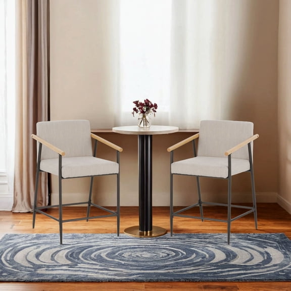 Christopher Knight Home Mid-Century Modern 26" Counter Height Stools, Metal Frame, Wood Armrests, Beige Cushion, Set of 2