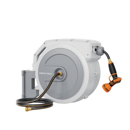 Giraffe Tools Retractable Garden Hose Reel with 14mm-100ft Water Hose, Plastic Bracket, Wall Mounted, Light Grey