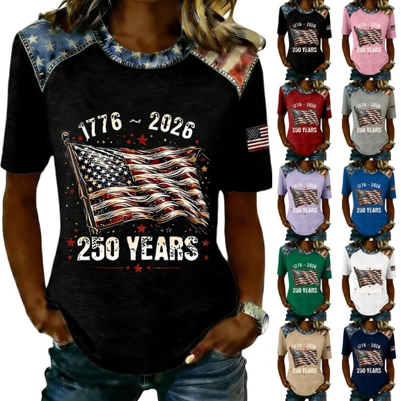 Youpwaven Women's 250th Anniversary USA 1776-2026 T-Shirt, Patriotic Waving Flag Graphic Top, 250 Years Celebration Independence Day Crew Neck Tee