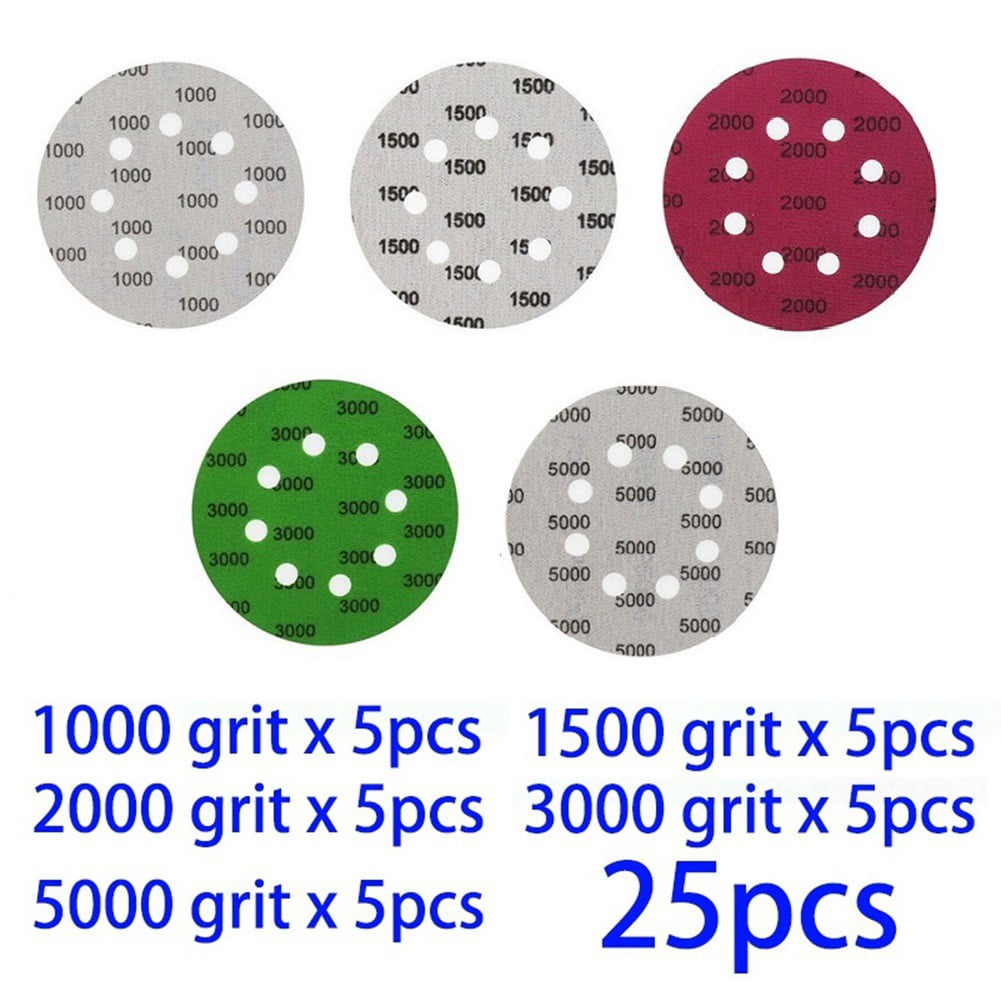25Pcs 5 Pouces 8 Trous Disques de Ponçage Crochet & Boucle Papier de Verre Sec Humide 1000-5000 Grain