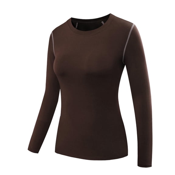 FRSASU Women's Compression Shirt Long Sleeve Performance Crew Neck Quick Dry Soft Gym Yoga Running Shirt Coffee