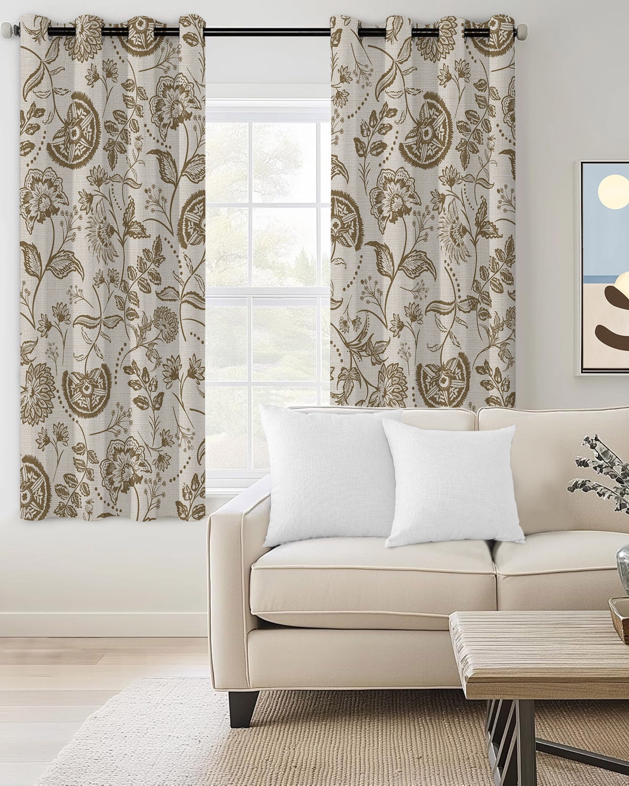 Farmhouse Brown Floral Blackout Curtains for Bedroom Living Room, Linen Boho Flower Rustic Country 72 In Long Thermal Insulated Room Darkening Drapes Grommet Window Treatments, 52 x 72 In