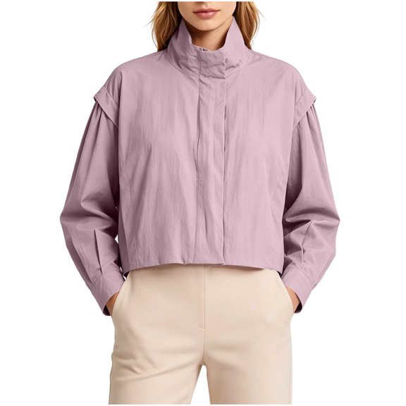 thefmos Women's Mock Neck Zip Up Cropped Jacket Long Sleeve Solid Color Casual Coat Trendy Fall Winter Outfit, Pink L