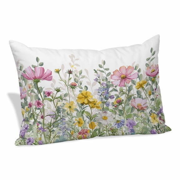 Spring Floral Pillow Covers, Linen Long Throw Pillow Case, Watercolor Flower Eucalyptus Leaves Botanical Holiday Pillow Protector Decorative Cushion Cover for Living Room/Bedroom 16" x 24"