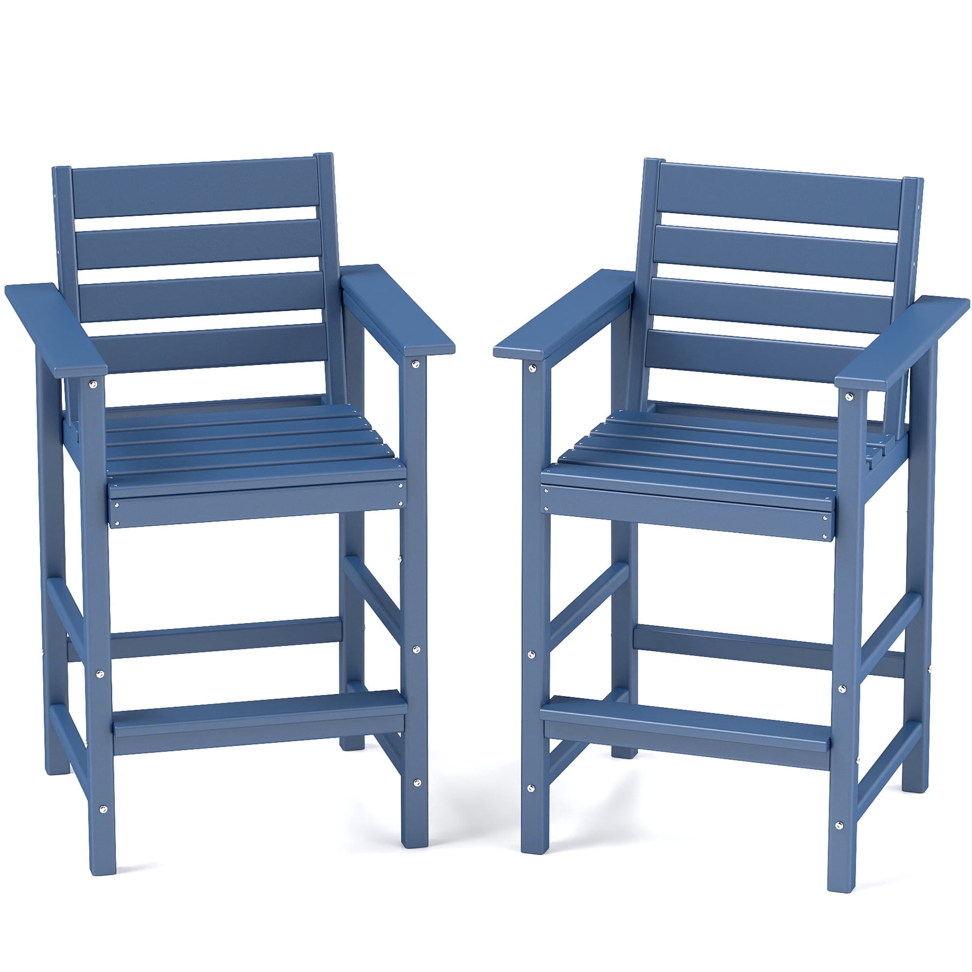 FOOWIN HDPE Plastic Tall Adirondack Chair Set of 2 W/ Outdoor Barstools and Connecting Tray, Blue