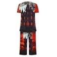 thumbnail image 4 of Yufatyle Halloween Pajamas Sets for Women Castle Pumpkin Bat Cute Spider Ghost Print Homewear Lounge Set Short Sleeve Henley Shirts Capris M, 4 of 5