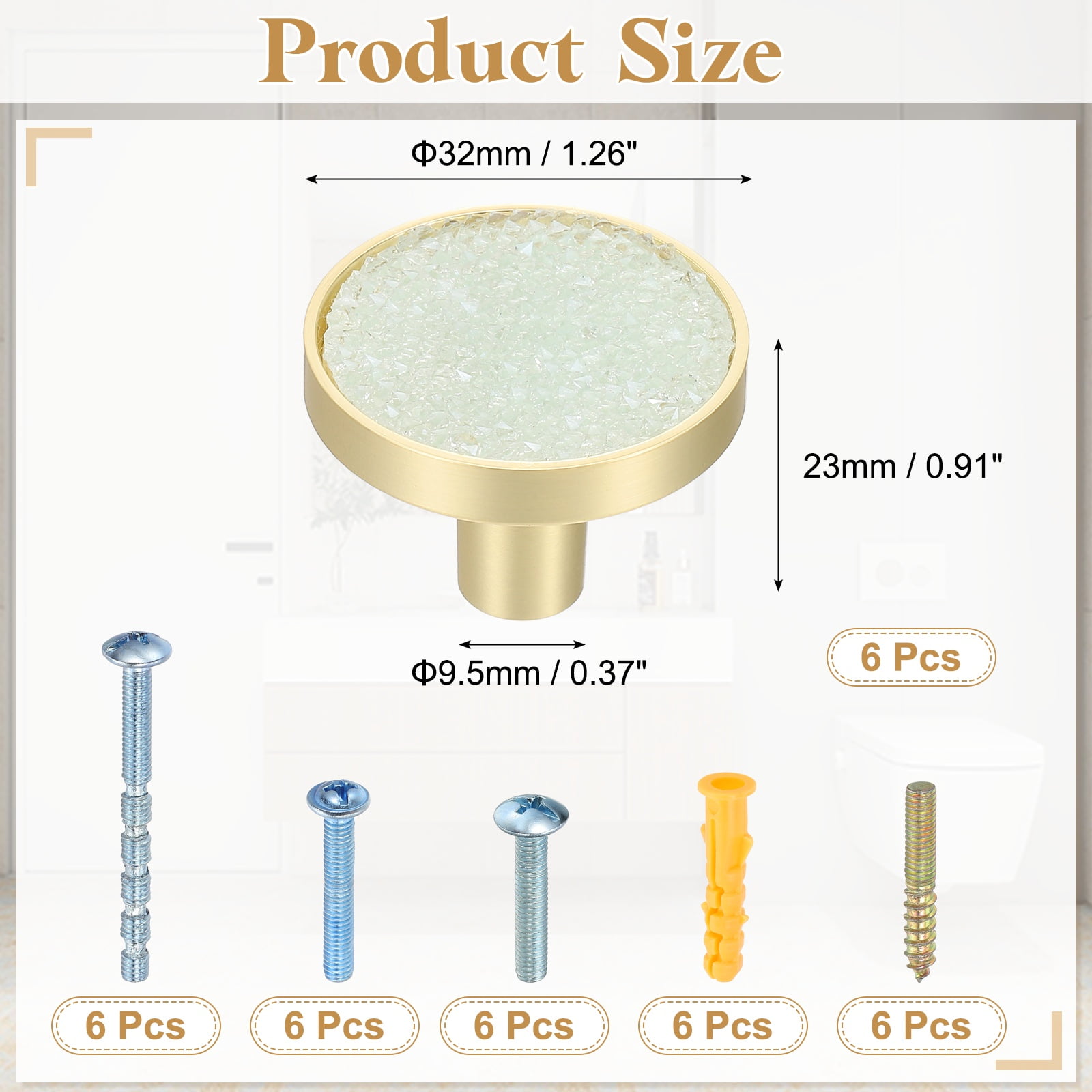 6Pack Gold Cabinet Knobs 1-1/4" Round Knobs Cabinet Handles, Diamond Light Blue