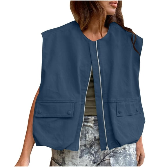 wdsxpo Womens Jacket Trendy Casual Zip Up Cargo Vest Coat Oversized Lightweight Ruched Hem Sleeveless Blazer Jackets for Women