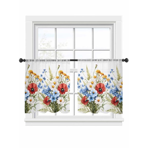 Independence Day Sheer Curtains 2 Panels Set, Red Blue Watercolor Concubine Light Filtering Rod Pocket Voile Drapes, Window Sheer Curtains for Living Room/Bedroom, 52'' W x 45'' L