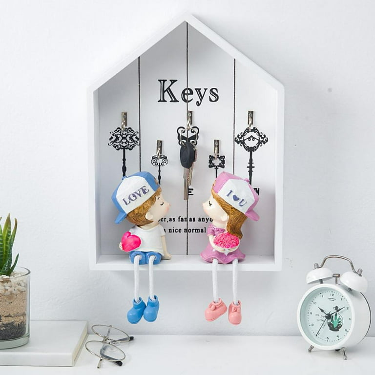 Wooden Key Box Wall Mount – Cute and Rustic Decorative Key Cabinet –Cabinet Key  Holder with 5 Hooks - Small White Key Holder Box - Farmhouse Wall Décor –  Vintage Key Rack Cabinet 