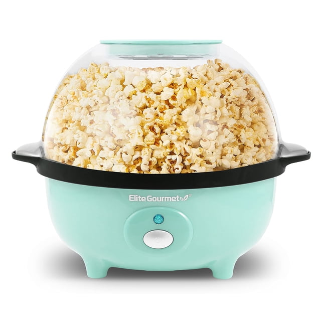 Elite Gourmet Automatic Stirring Popcorn Maker Popper, Electric Hot Oil Popcorn Machine with Measuring Cap & Built-in Reversible Serving Bowl, Great for Home Party Kids, Safety ETL Approved, Mint