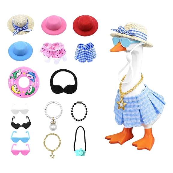 16Pcs Cute Desk Goose Accessories Set Mini Dress Up Kit with Straw Hats Sunglasses Collars and Necklaces for 7 Inch Garden Statue Decor