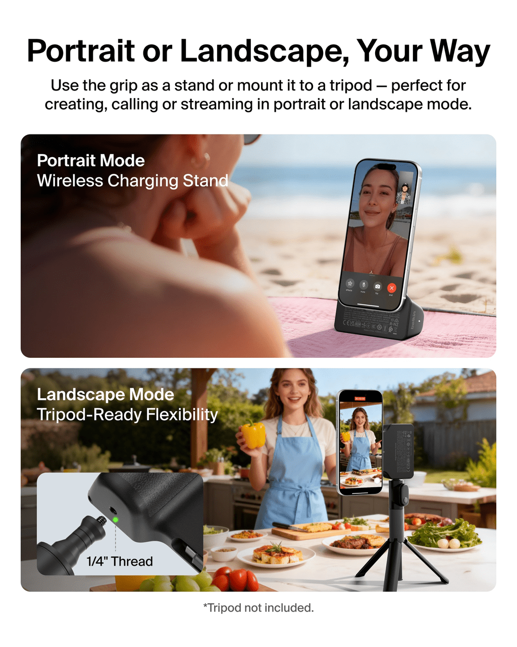 Belkin Magnetic Wireless Charging Camera Grip 9300mAh, Power Bank w/ Retractable USB C Cable, Bluetooth Connection, Tripod Attachment, LCD Screen, Ergonomic, Portable Charger for iPhone & Smartphones