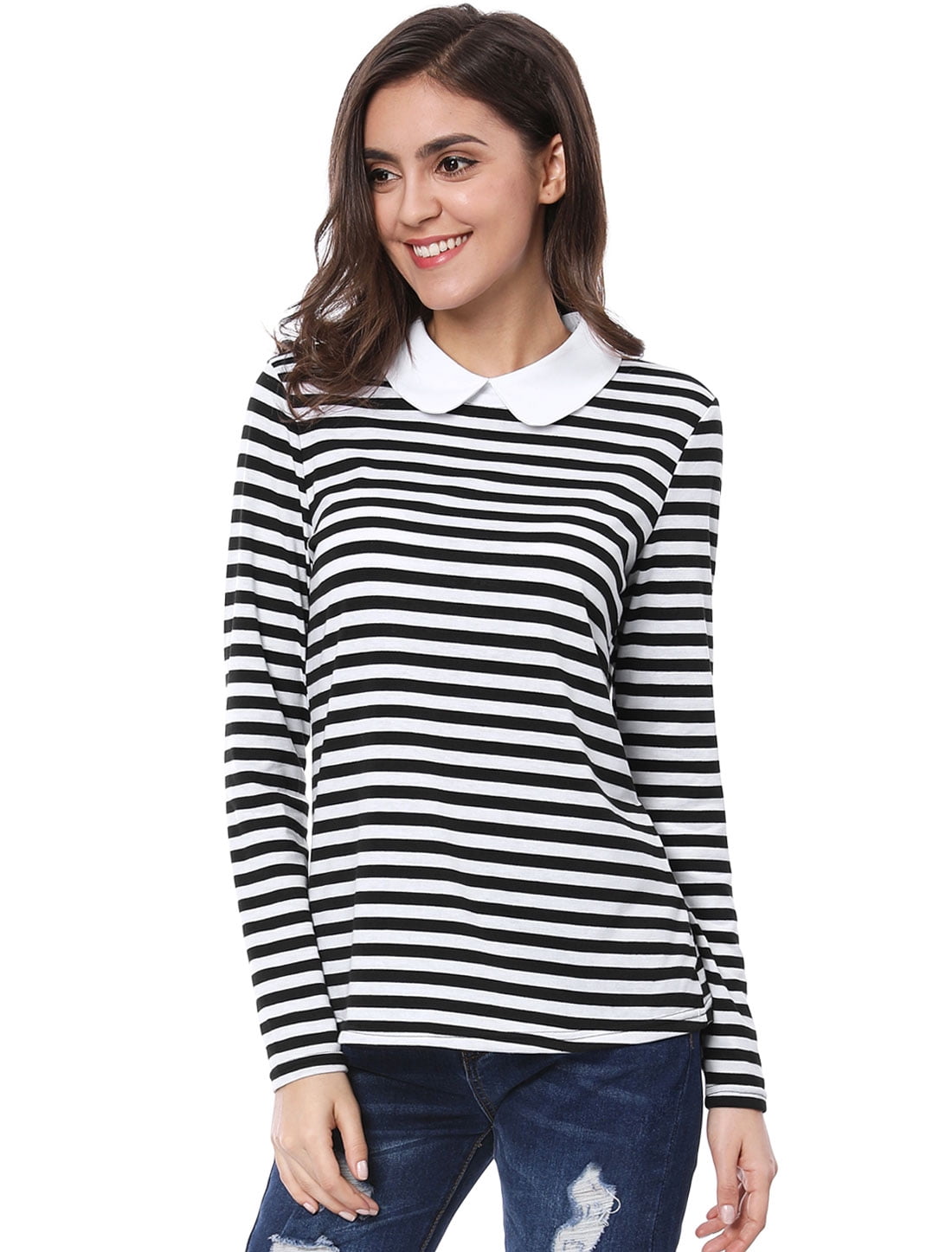 DARING DIVA Peter Pan Collar Striped Top S Black
