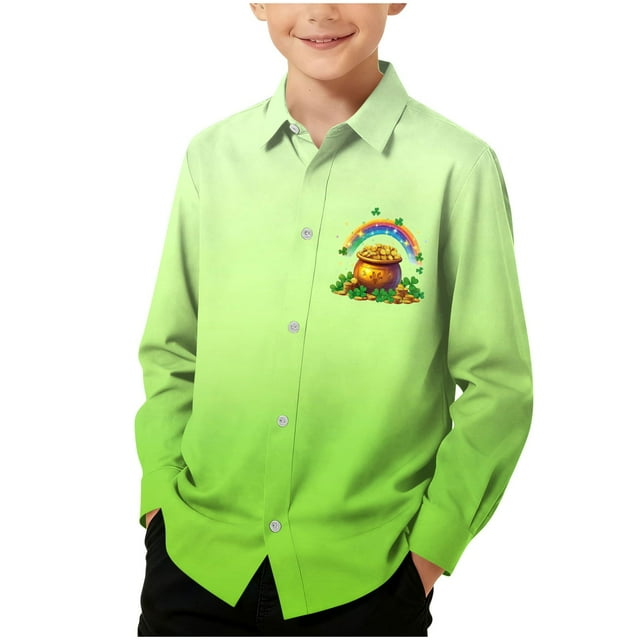 RXMEKW Chemise à Manches Longues Imprimée pour la Saint-Patrick pour Garçons avec Col Rabattu, 95 % Coton 5 % Spandex, Vert