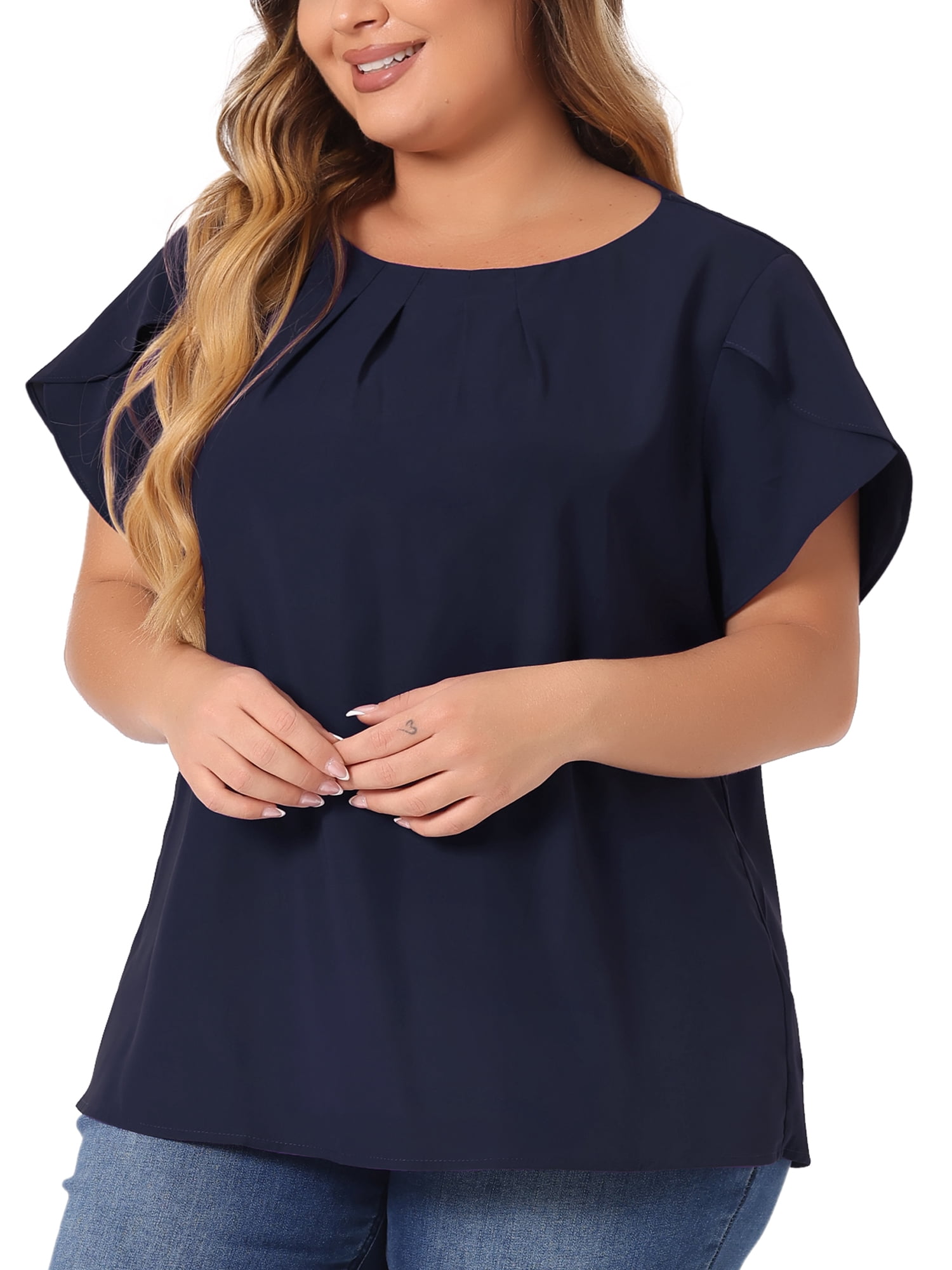 DARING DIVA Women's Plus Size Round Neck Pleated Tulip Sleeve Shirt Blouse 4X Dark Blue