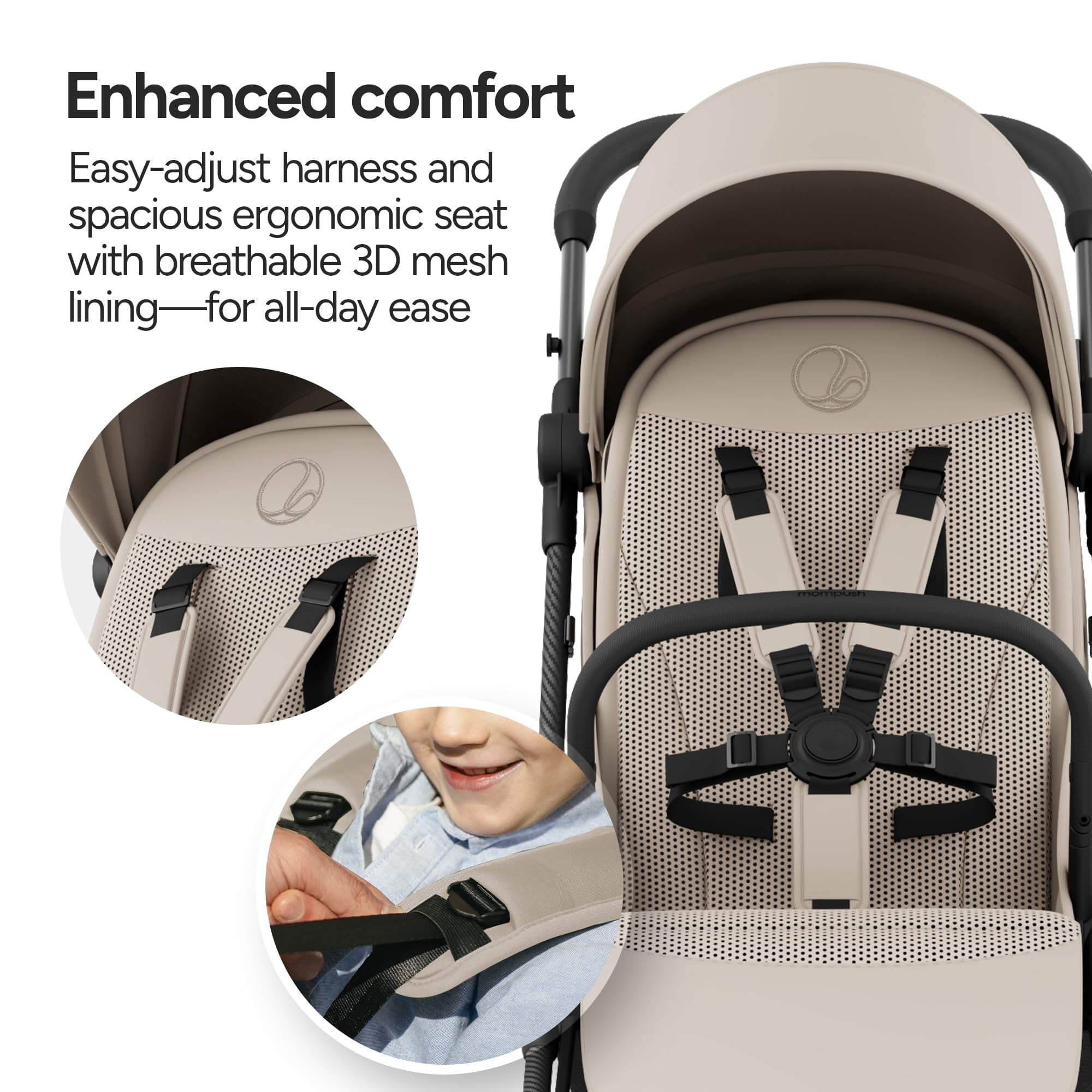 Mompush Nexis Carbon Ultra-Light Travel Stroller, Compact, Full Recline, from Birth to 50 lbs, Khaki, 13.9LB, Unisex