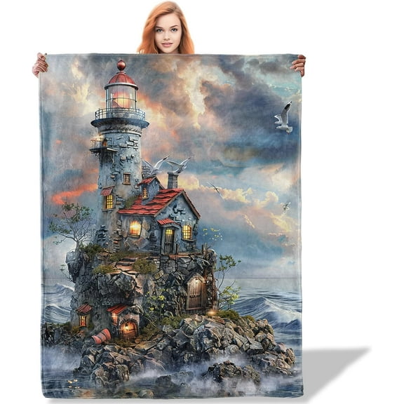 Coastal Lighthouse Throw Blanket for Women Girls Boys, Soft Flannel Blankets Gifts for Living Room Couch, Home, Sofa Decor, 60x50