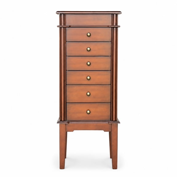 Brown Wooden Jewelry Cabinet with 6 Drawers, Mirror, Hooks & Velvet Lining