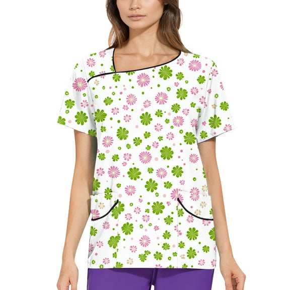 NAMTYQX Scrubs for Women Lounge Short Sleeve Stretch Loose Fit Light Asymmetric V Neck Green Size XL