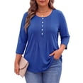thumbnail image 2 of WellSize 3/4 Sleeve Plus Size Womens Blouses Casual Floral Pleats Tops Summer Crewneck Shirts Tunic Curved Hem Blouses, 2 of 7