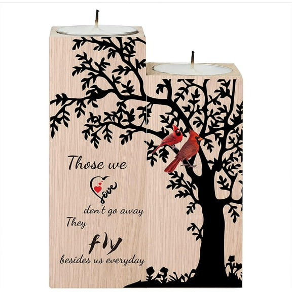Wooden Candle Holders Gift for Memorial Set of 2 Heart Candlestick Stand with Cardinals Tealight Candle Holder for Birthday Valentines Anniversary Home Table Decor 3.5x4.7inch 1set