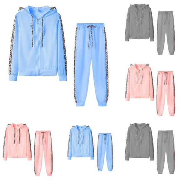 Lovzfmll Women's 2-Piece Set, Leopard Print Zip-Up Hoodie & Jogger Pants, Casual Running Athletic Matching Outfit