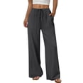 thumbnail image 3 of Women's Pants Summer Wide leg Beach Pants Solid Color Stretched-Waist Linen Casual Pants, 3 of 9