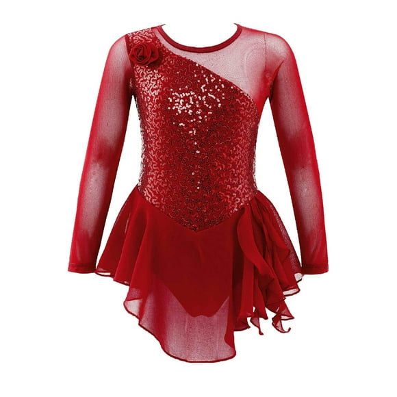Yeahdor Kids Girls Skating Dress Shiny Sequins Long Sleeve Leotard Dresses Modern Contemporary Dance Costume Red 10