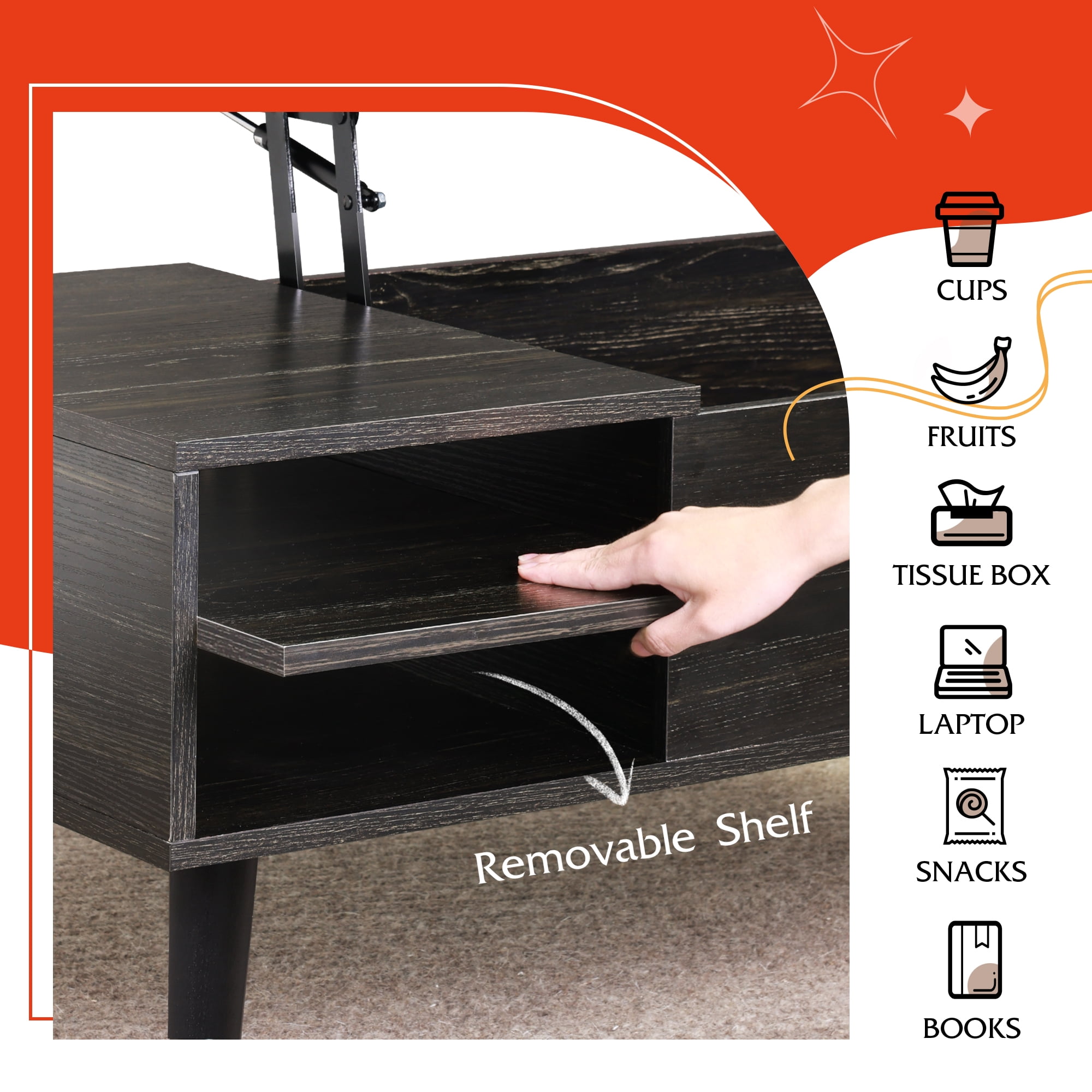 GALAXHERO Coffee Table for Living Room with Hidden Compartments and Removable Storage Shelves Lift Top Table Charcoal Black