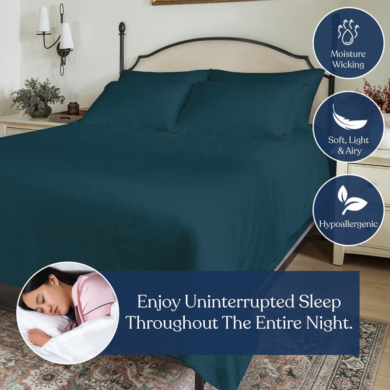 Delara Organic Cotton Percale Queen Flat Sheet, 400 TC GOTS Certified, Smooth Moisture-Wicking Soft Breathable Bedding, Midnight Blue 96"x105"