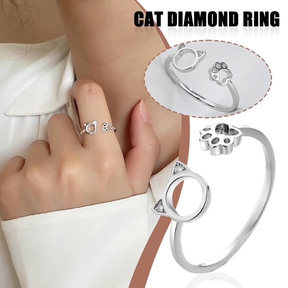 SSKFHGI Vintage Crystal Cat Foot Adjustable Rings 925 Sterling G Silv Jewellery