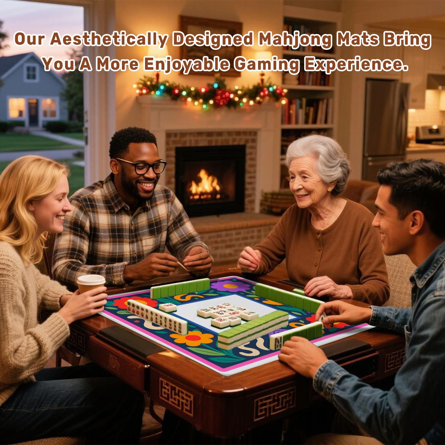 Mahjong Mat 31.5" x 31.5" Colorful Floral Frame Bold Patterns Bright Flowers Anti-Slip and Noise Reduction Symmetry Design Mahjong Tiles Table Cover for Dominoes Poker Card Board and Tile Games