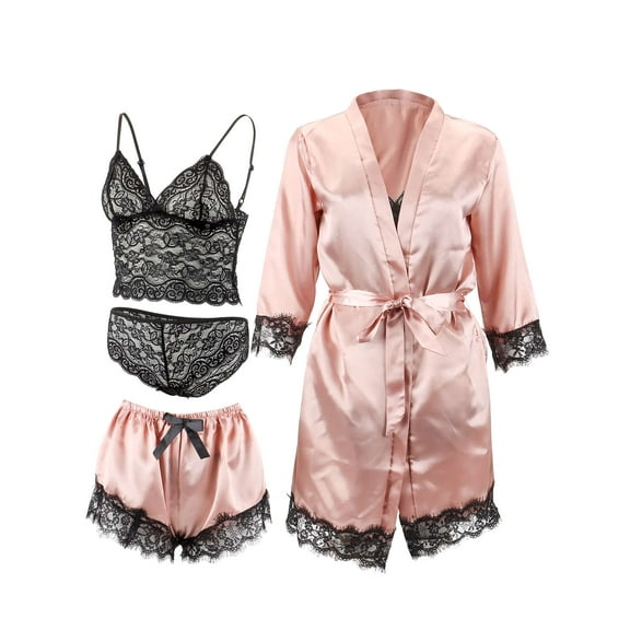 Deago 4 Pcs Women's Satin Pajama Set Floral Lace Trim Cami Lingerie Sleepwear with Robe (Pink, S)
