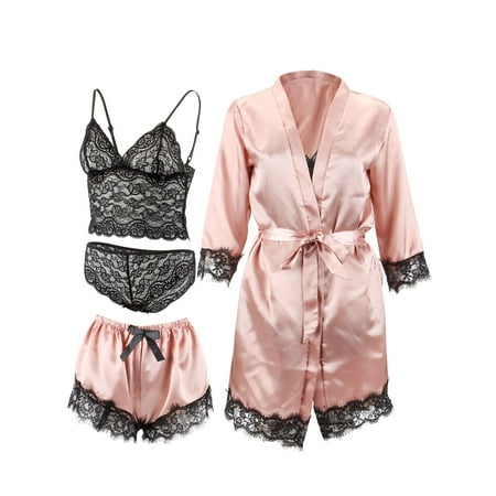Spencer Women s Satin Pajama Set 4pcs Floral Lace Trim Cami Lingerie Sleepwear Sexy Nightwear  Cami Tops  Panty  Shorts and Robe  Pink