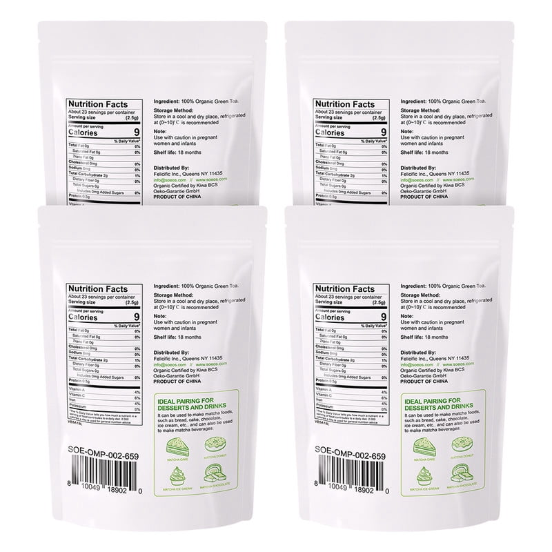 Soeos Organic Matcha Powder, 2 oz, 4 Packs, Total Weight 8 oz
