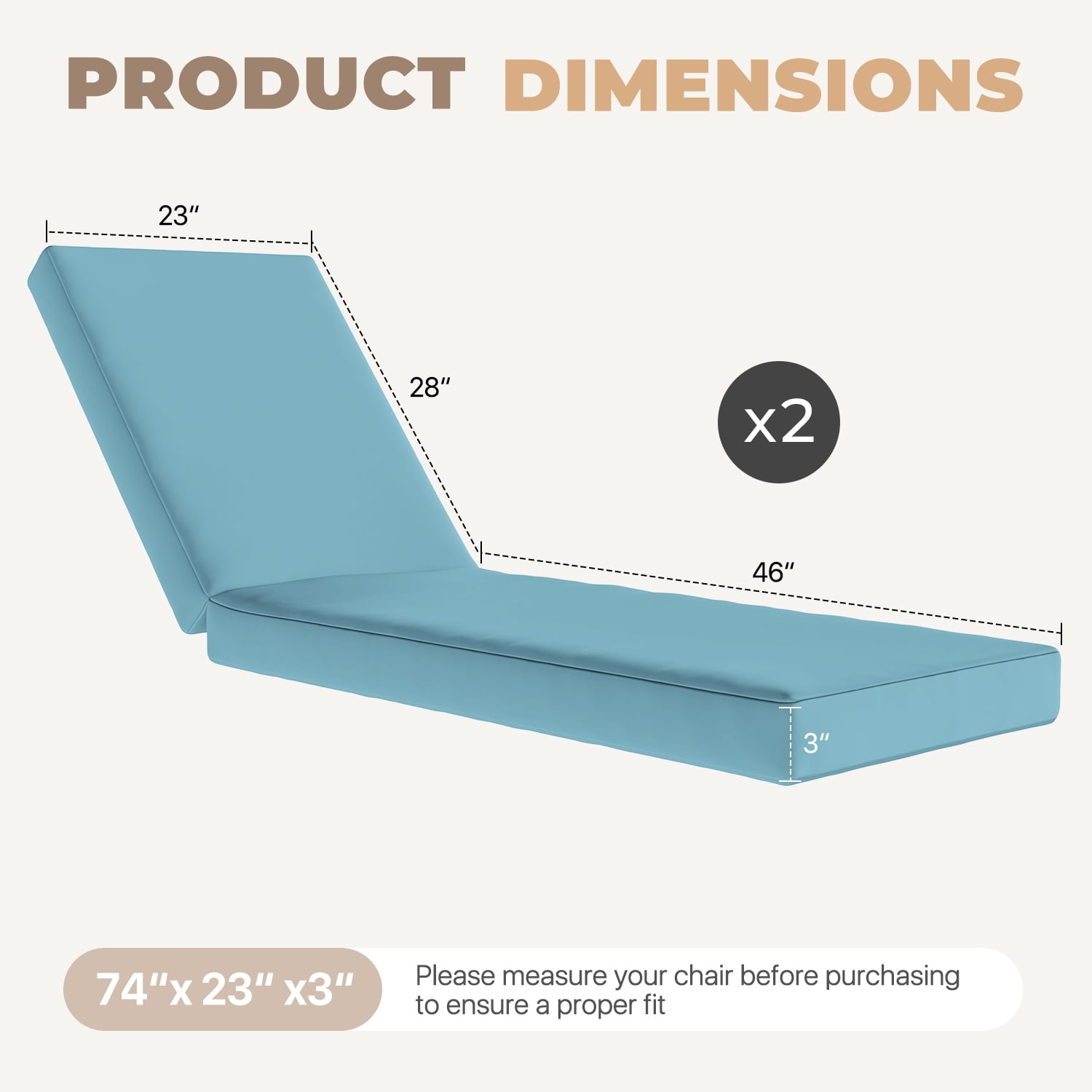 BaPiPro Sky Blue 2 Pack All-Weather Waterproof Outdoor Chaise Lounge Cushions, High-Density Foam Patio Pads with Detachable Zipper Covers & Non-Slip Ties for Pool Garden Backyard